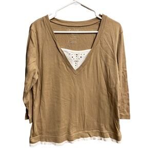 Faded Glory Perfect Fit Tan White Studded Long Sleeve Blouse Size XL